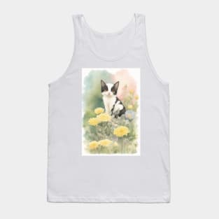 Black-white Cat in the Flower Garden Soft Pastel Colors Tank Top